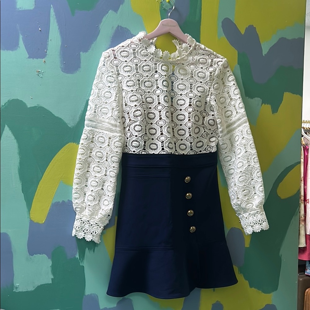 Self-Portrait White and Navy Mini Dress